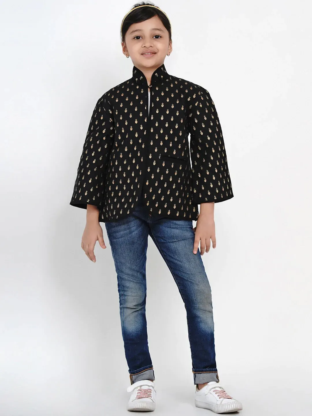 Girls Black & Gold Self Design Tailored Jacket