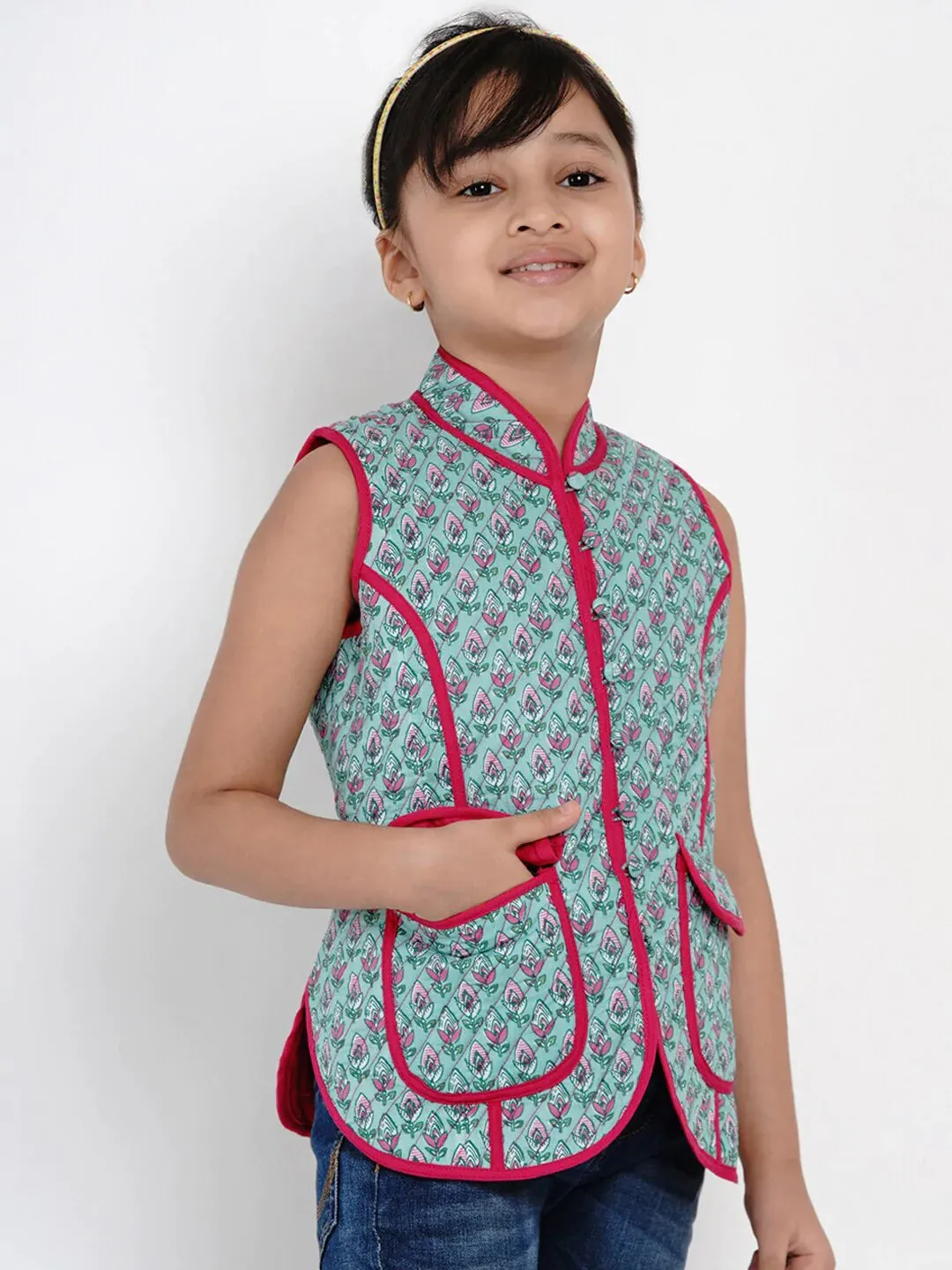 Girls Green & Pink Printed Tailored Jacket