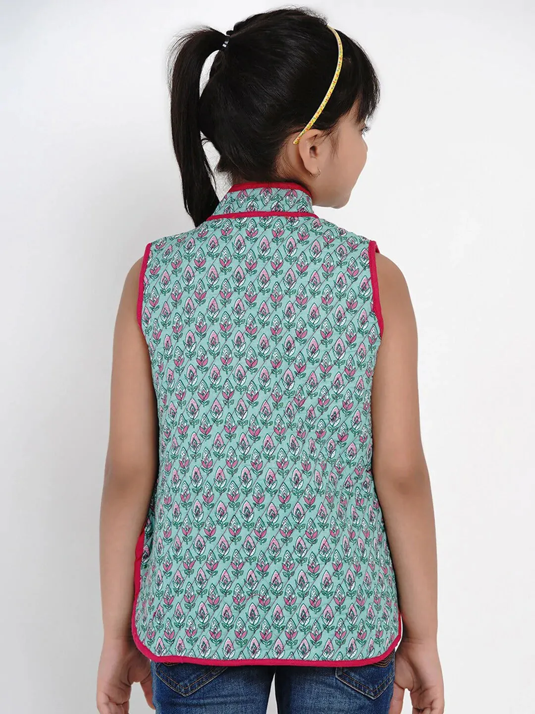 Girls Green & Pink Printed Tailored Jacket