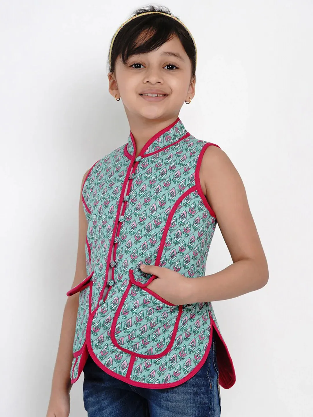 Girls Green & Pink Printed Tailored Jacket