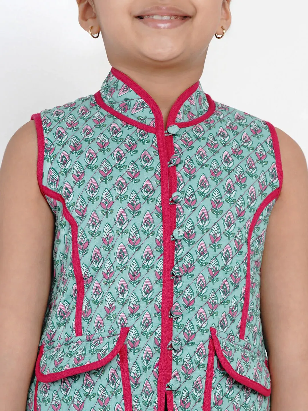 Girls Green & Pink Printed Tailored Jacket