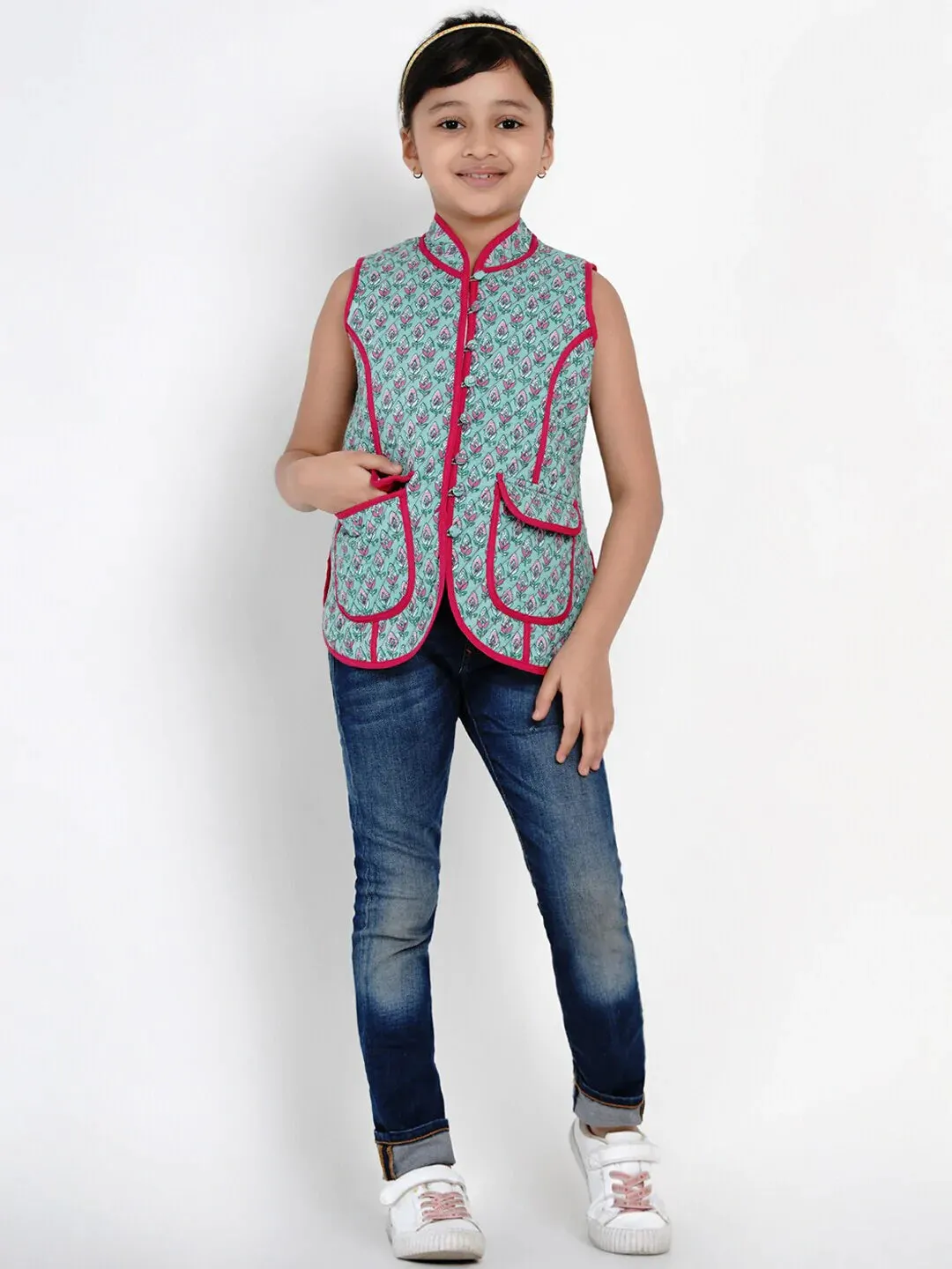 Girls Green & Pink Printed Tailored Jacket
