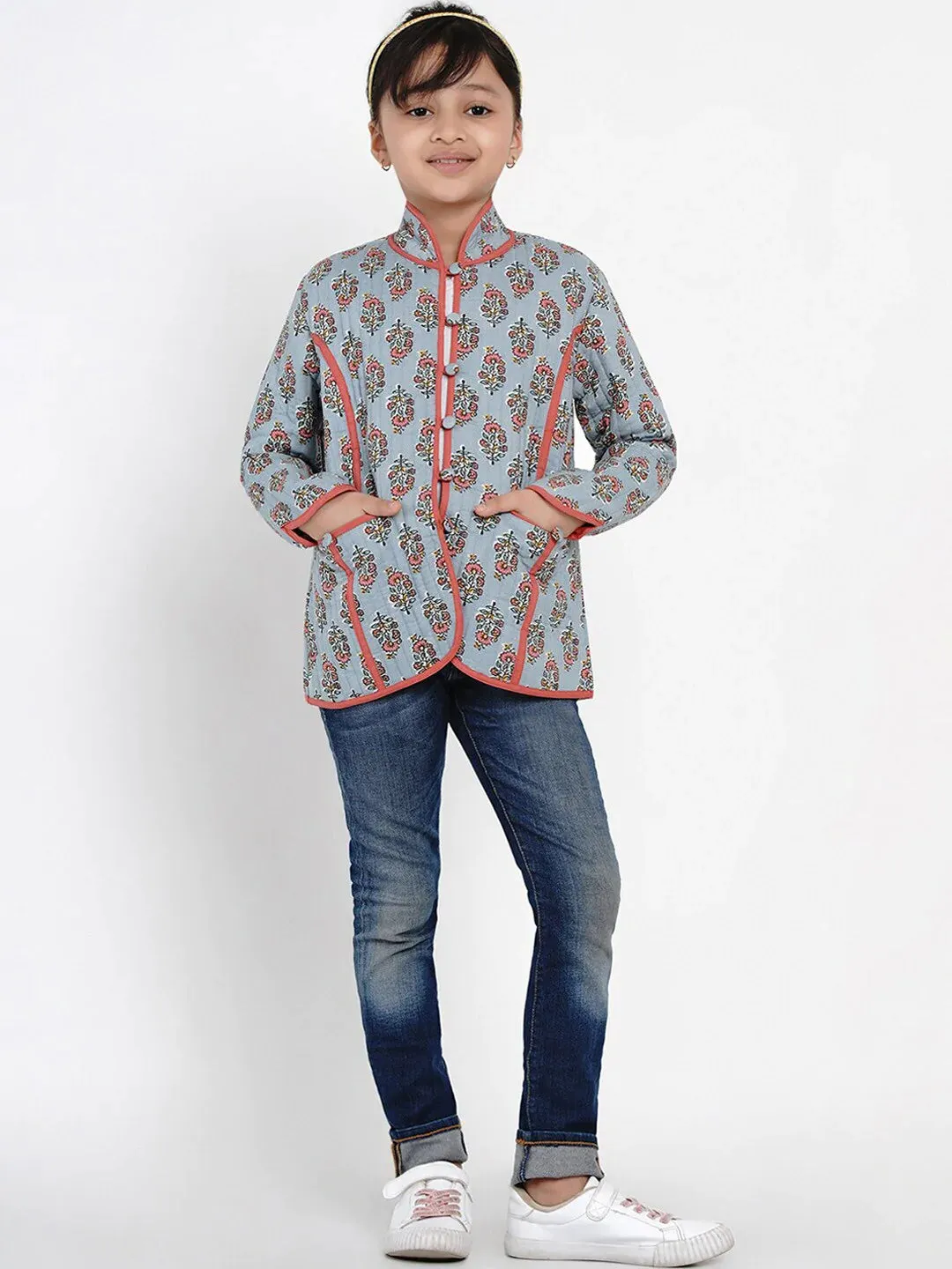 Girls Grey Printed Tailored Jacket