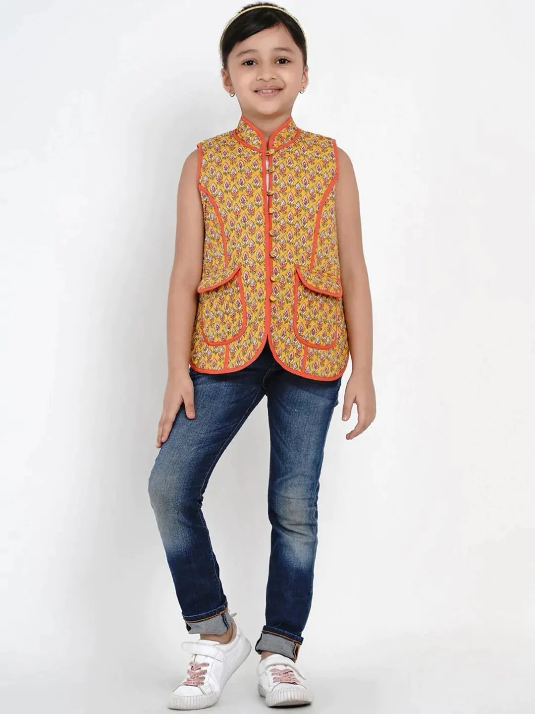 Girls Mustard Yellow Printed Tailored Jacket