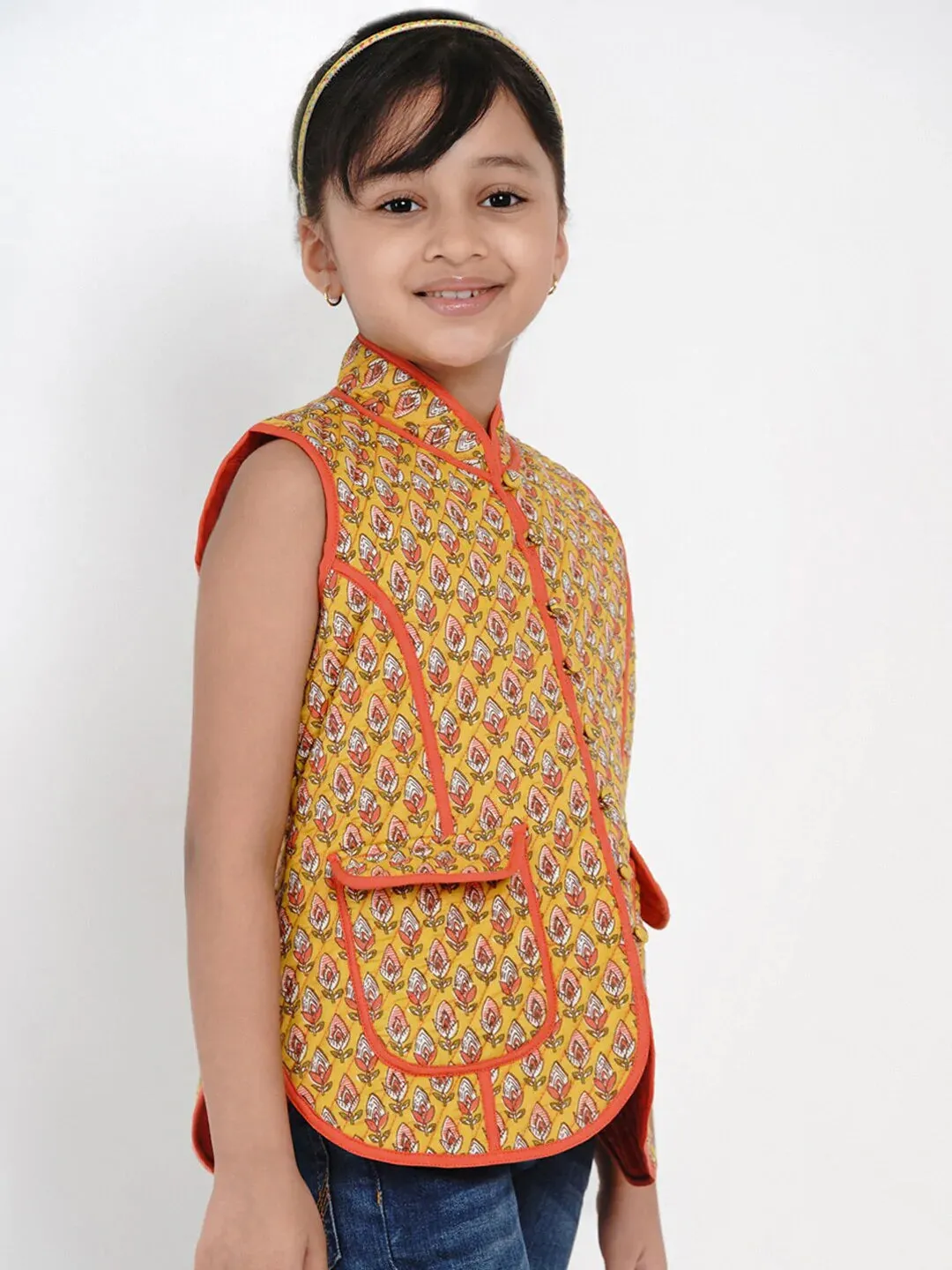 Girls Mustard Yellow Printed Tailored Jacket