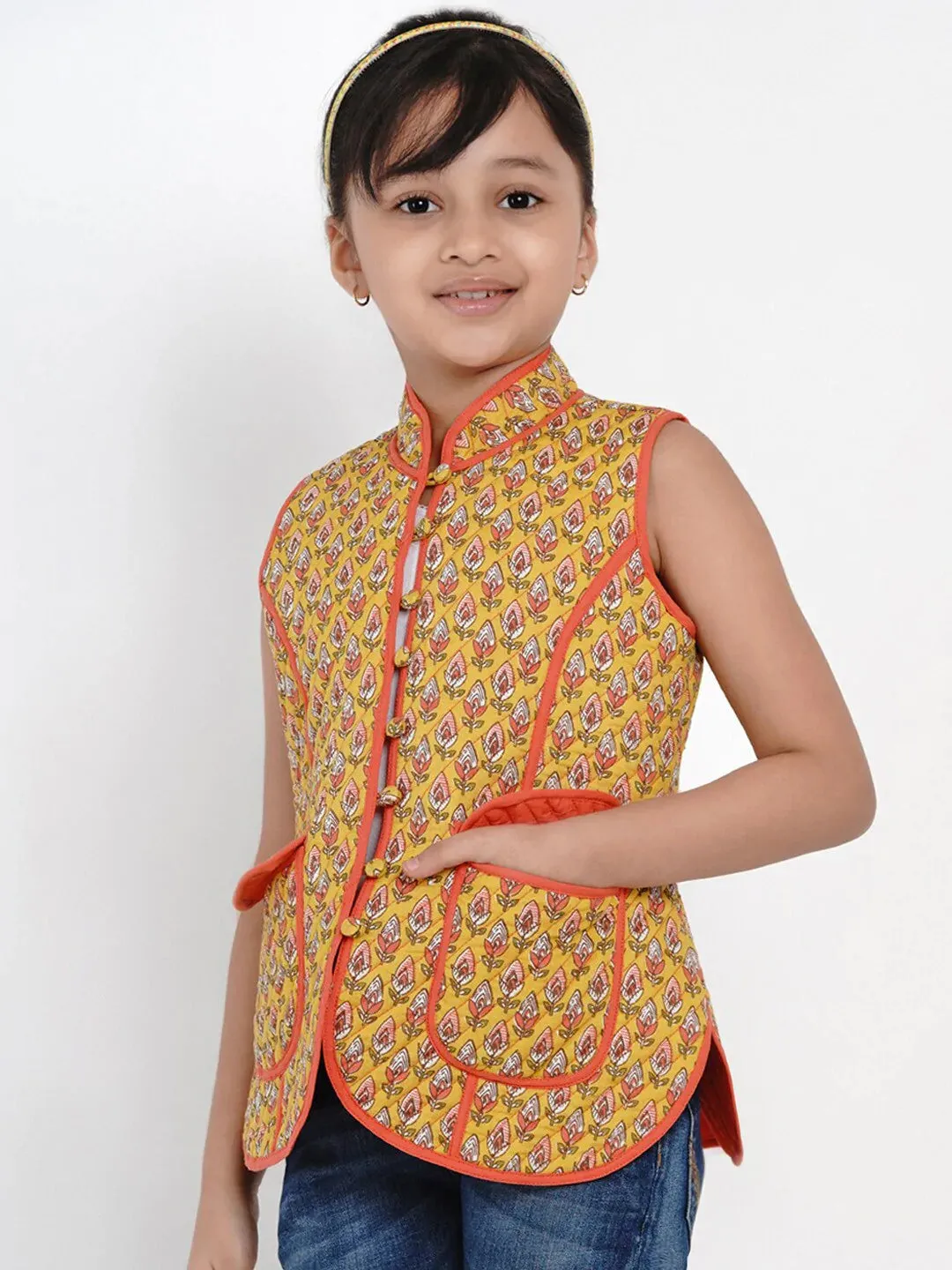Girls Mustard Yellow Printed Tailored Jacket