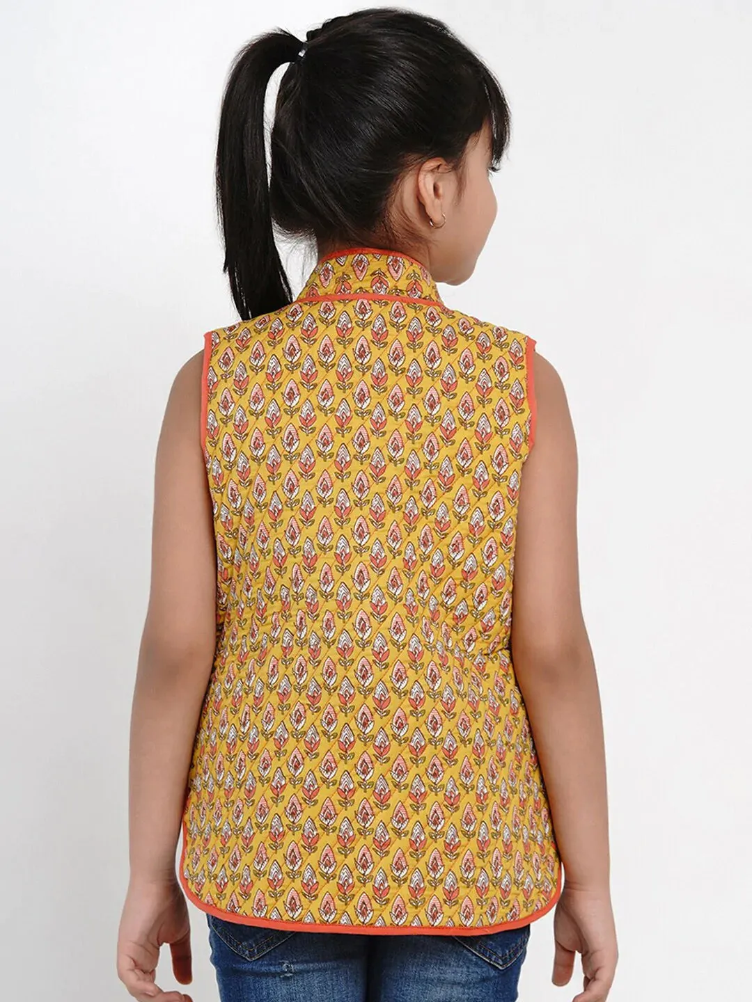 Girls Mustard Yellow Printed Tailored Jacket