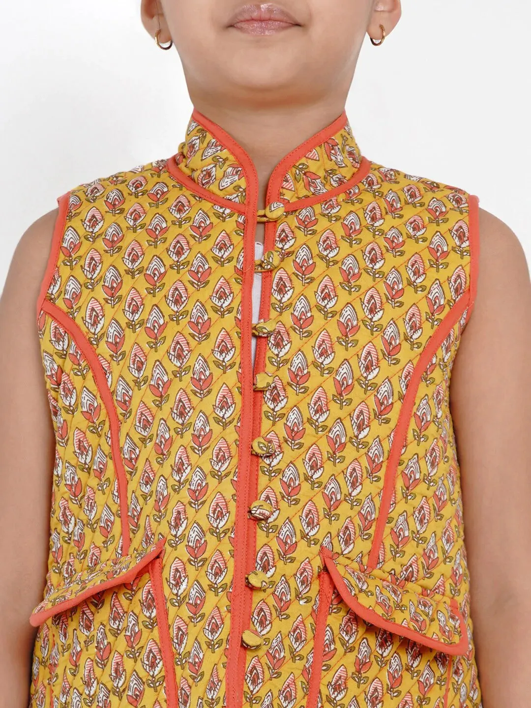 Girls Mustard Yellow Printed Tailored Jacket
