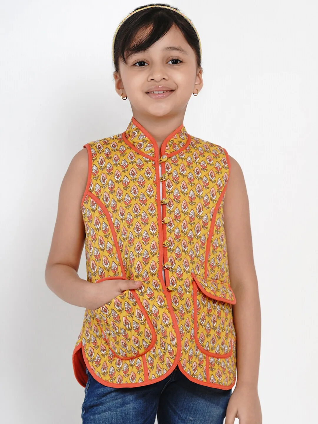 Girls Mustard Yellow Printed Tailored Jacket