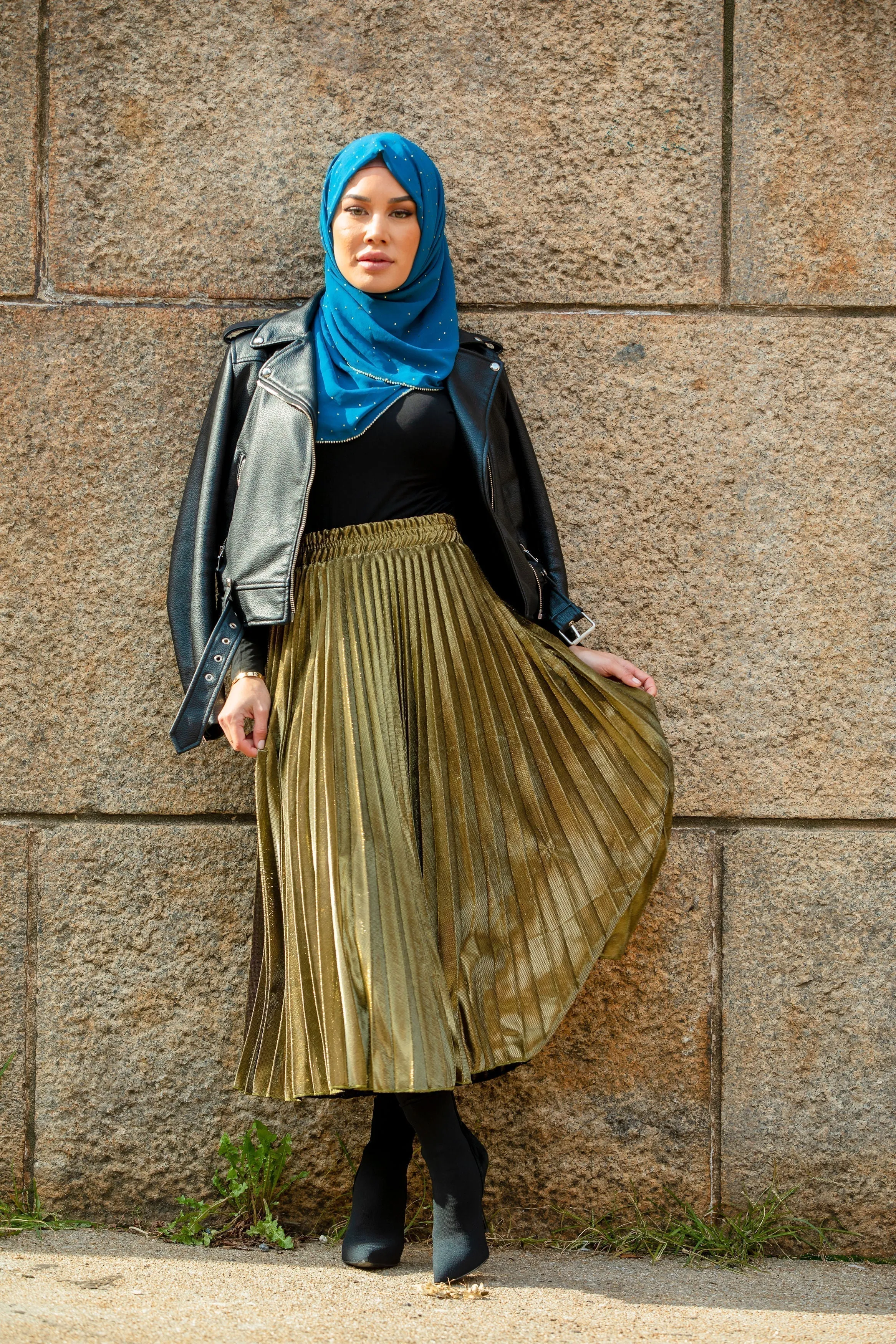 Gold Metallic Pleated Chiffon Maxi Skirt-CLEARANCE