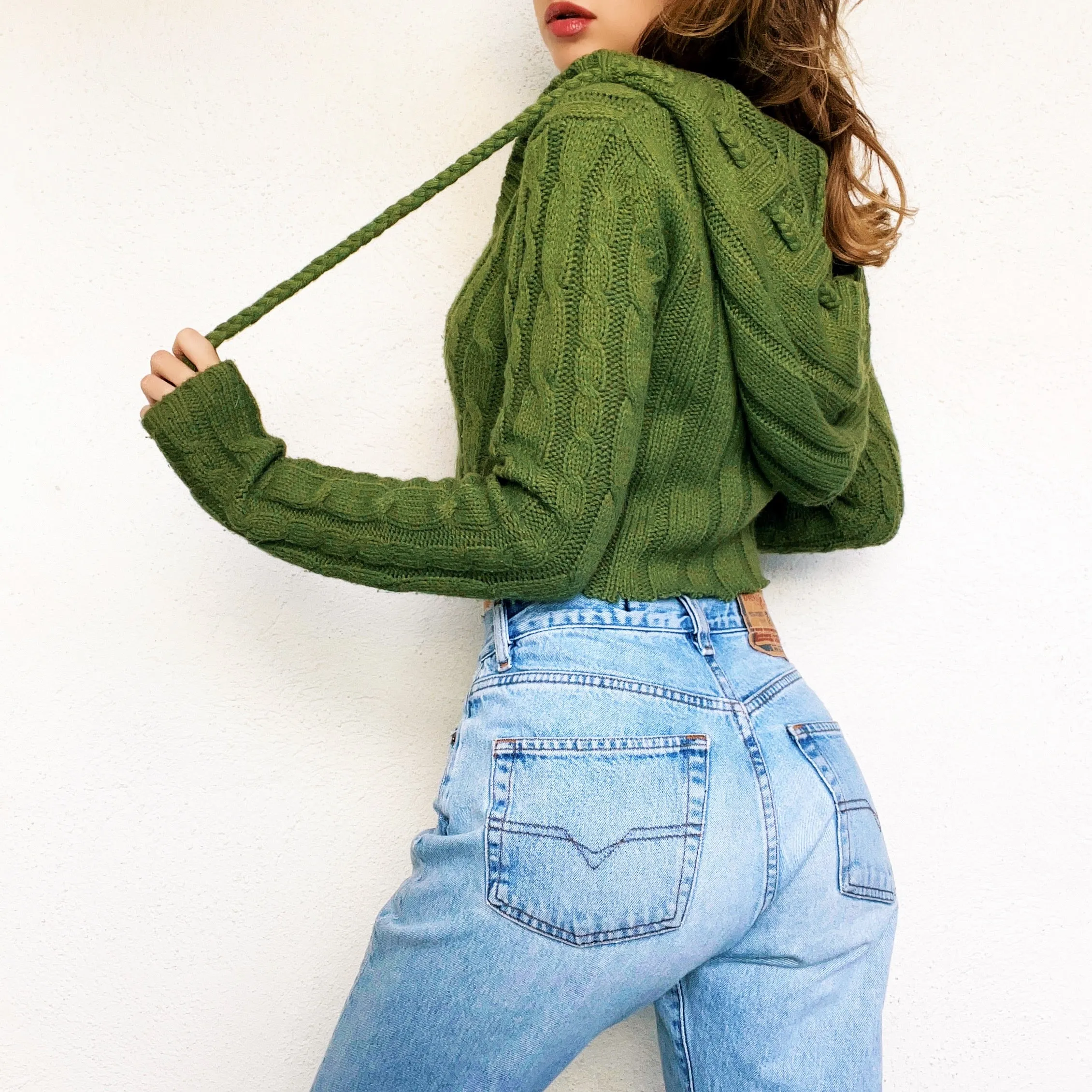 Green Cropped Knit Hoodie