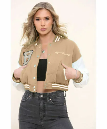 Green Women B Slogan Baseball Long Sleeve Cropped Bomber Jacket