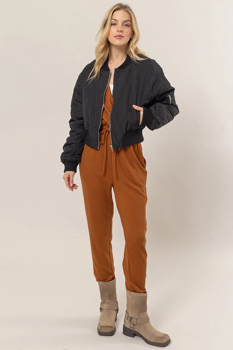 HF24E735-Ruched Bomber Puffer Jacket