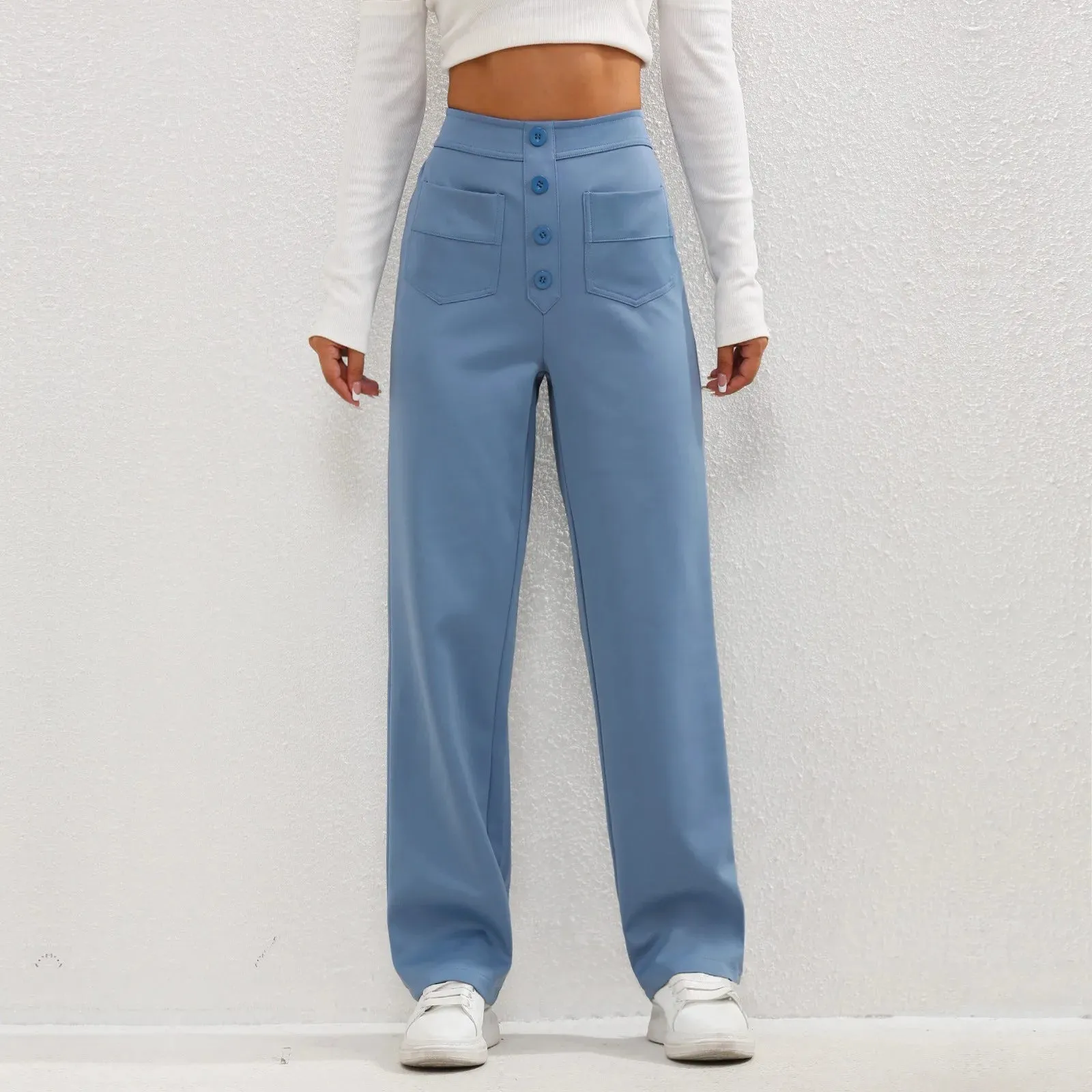 High Waist Button Elastic Pants