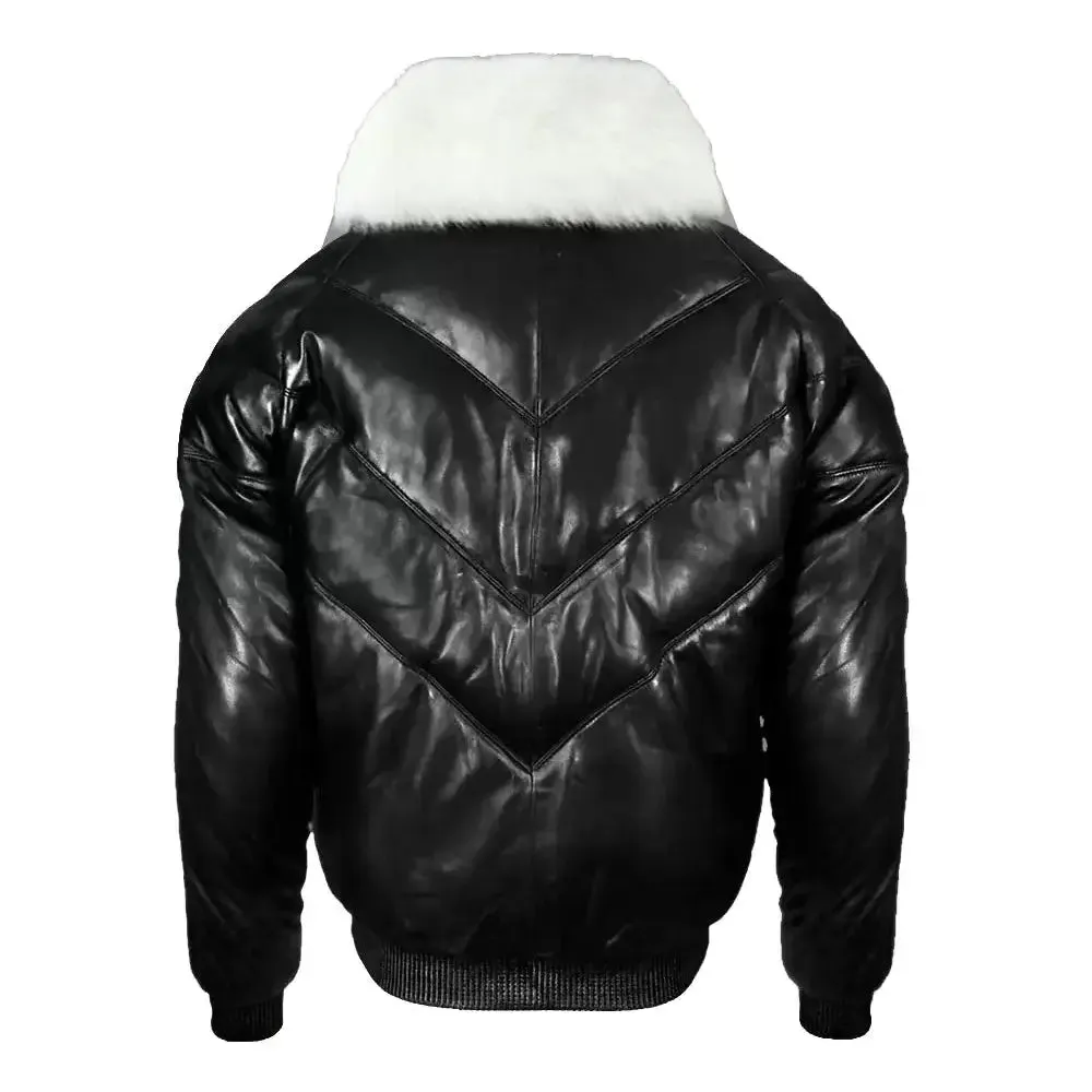 Iconic Black V-Bomber Jacket With Fur Collar - Leather Down Jacket