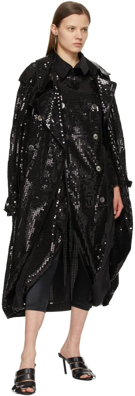 Junya Watanabe Black Sequin Organdy Double-Breasted Trench Coat