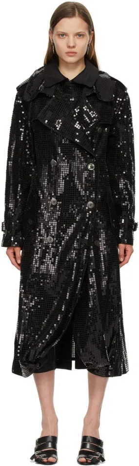 Junya Watanabe Black Sequin Organdy Double-Breasted Trench Coat