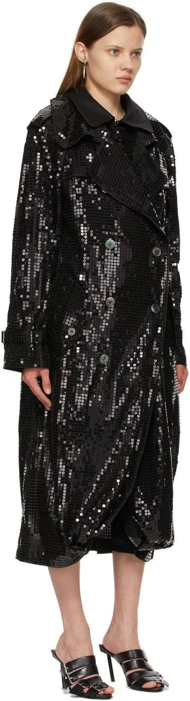 Junya Watanabe Black Sequin Organdy Double-Breasted Trench Coat