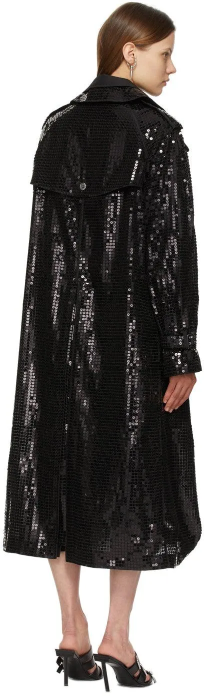 Junya Watanabe Black Sequin Organdy Double-Breasted Trench Coat