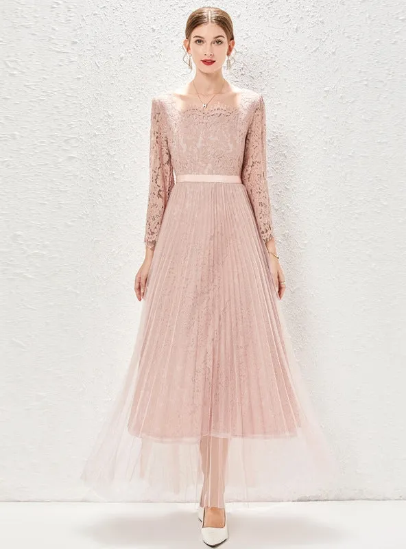 Long Sleeve Lace Pleated Gauze Dress