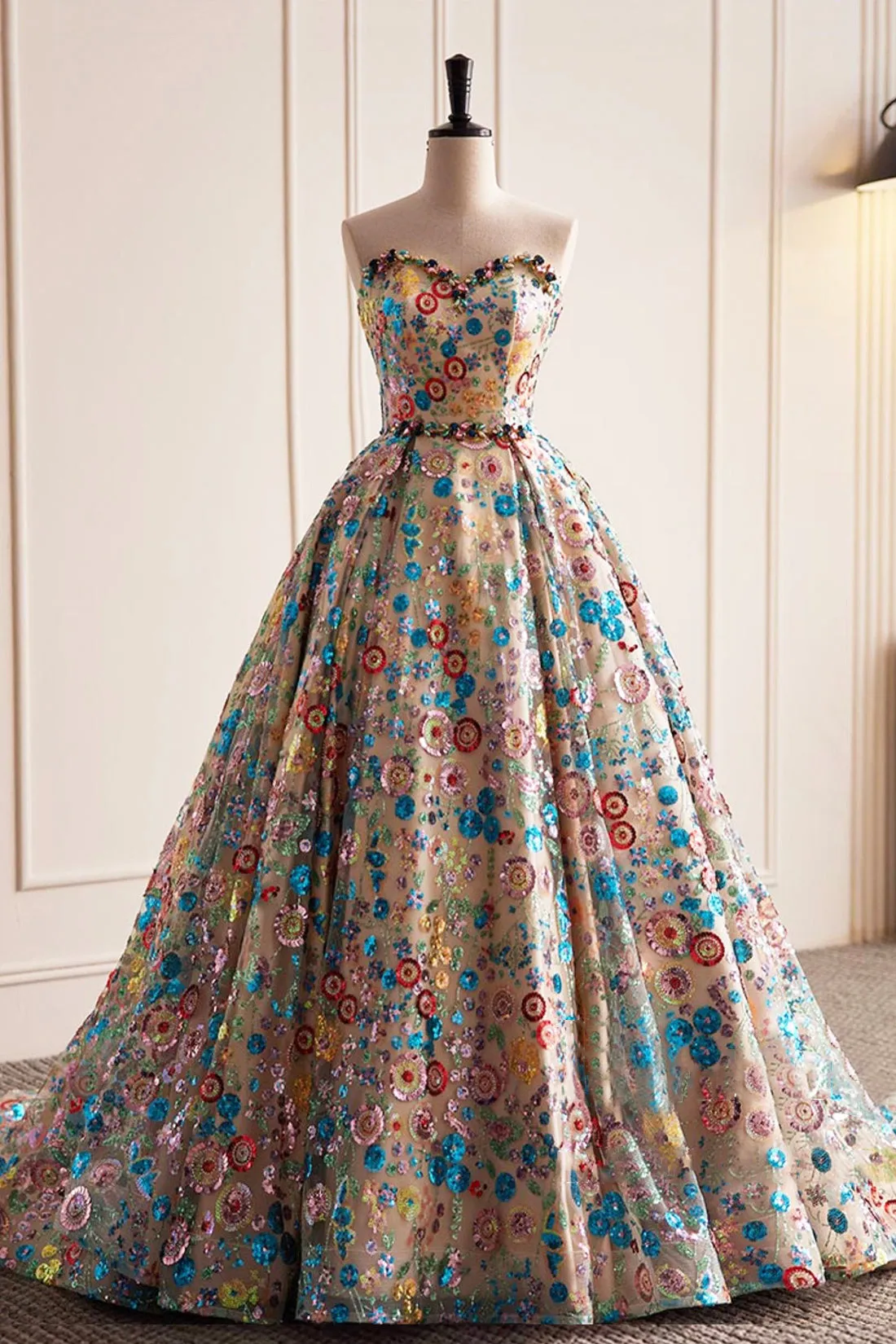 Lovely Sweetheart Floral Sequin Long Prom Dress, A-Line Strapless Evening Dress