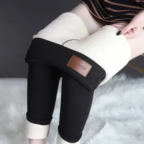 LVSANW Women Pants Winter Fleece Thicken Pants Lamb Wool Outerwear Thermal High Waist Leggings Warm Slim Black Velvet Female Trousers