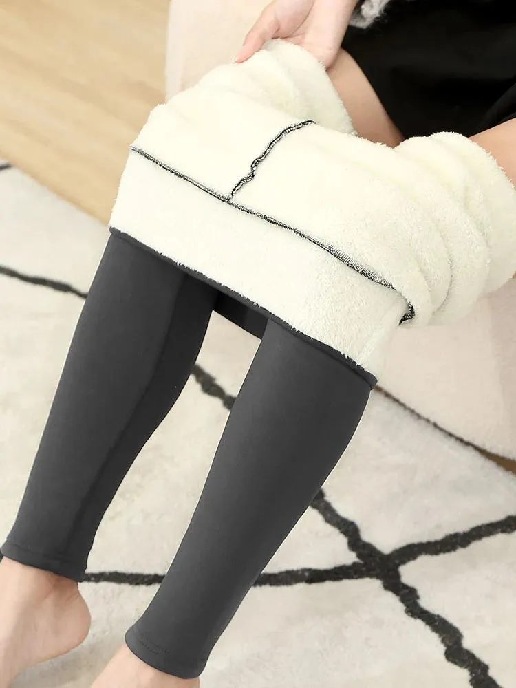 LVSANW Women Pants Winter Fleece Thicken Pants Lamb Wool Outerwear Thermal High Waist Leggings Warm Slim Black Velvet Female Trousers