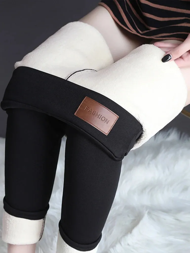LVSANW Women Pants Winter Fleece Thicken Pants Lamb Wool Outerwear Thermal High Waist Leggings Warm Slim Black Velvet Female Trousers