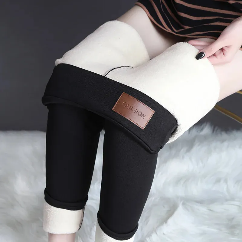 LVSANW Women Pants Winter Fleece Thicken Pants Lamb Wool Outerwear Thermal High Waist Leggings Warm Slim Black Velvet Female Trousers