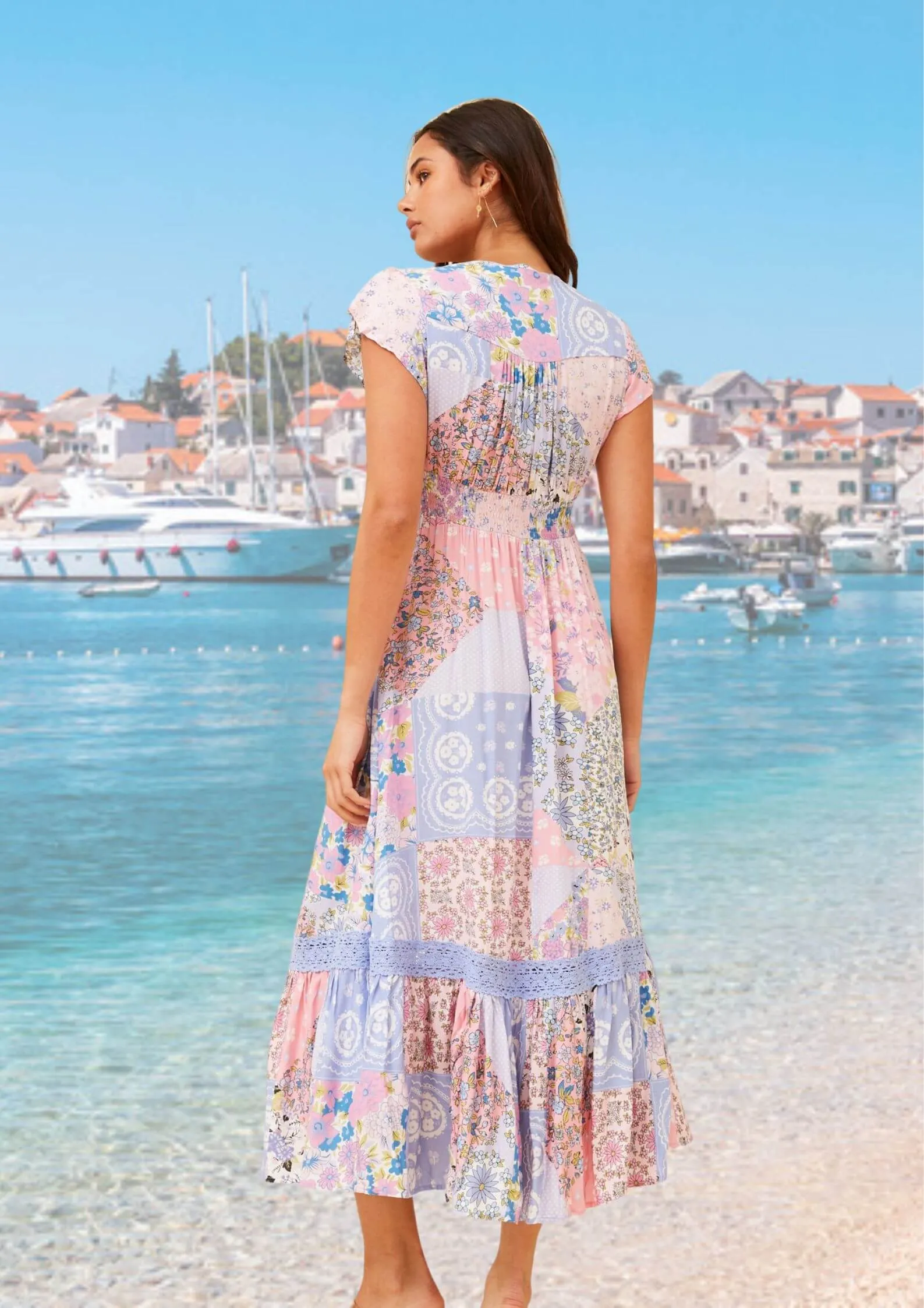 Marianne Short Sleeve Maxi Dress in Pink and Blue