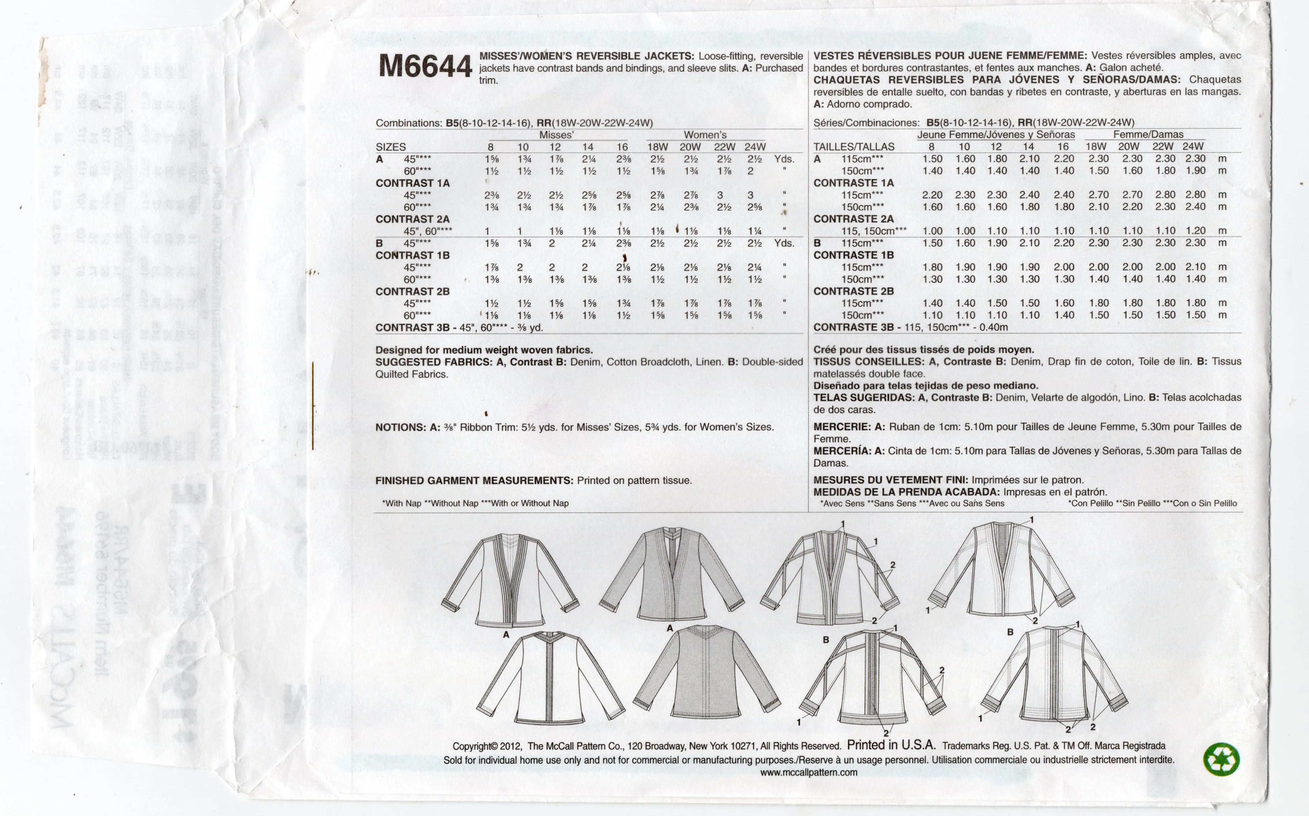 McCall's M6644 Womens Reversible Quilted Jackets Out Of Print Sewing Pattern Size 18W - 24W UNCUT Factory Folded