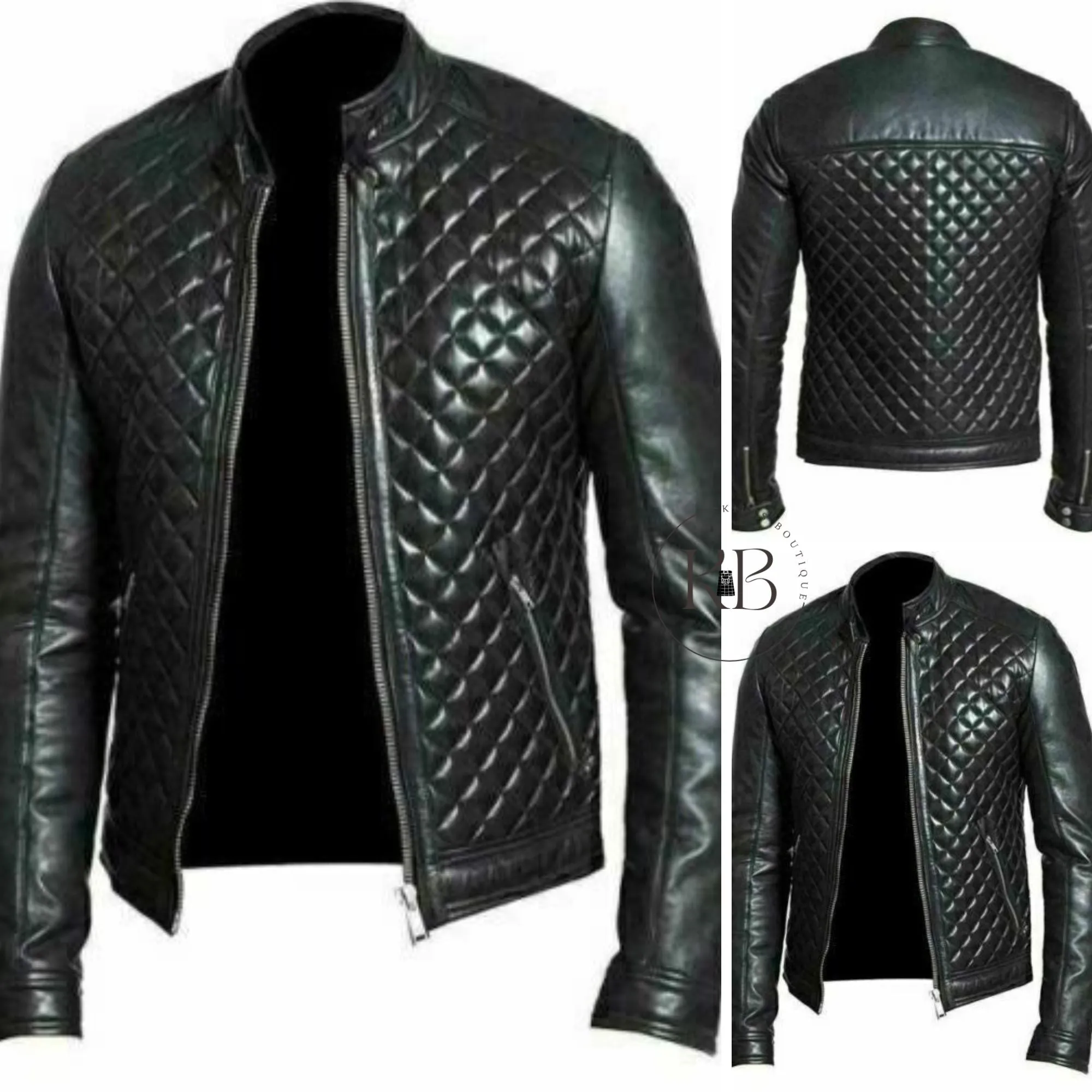 MEN'S BLACK REAL LEATHER RACER NECK QUILTED BIKER JACKET FOR MEN