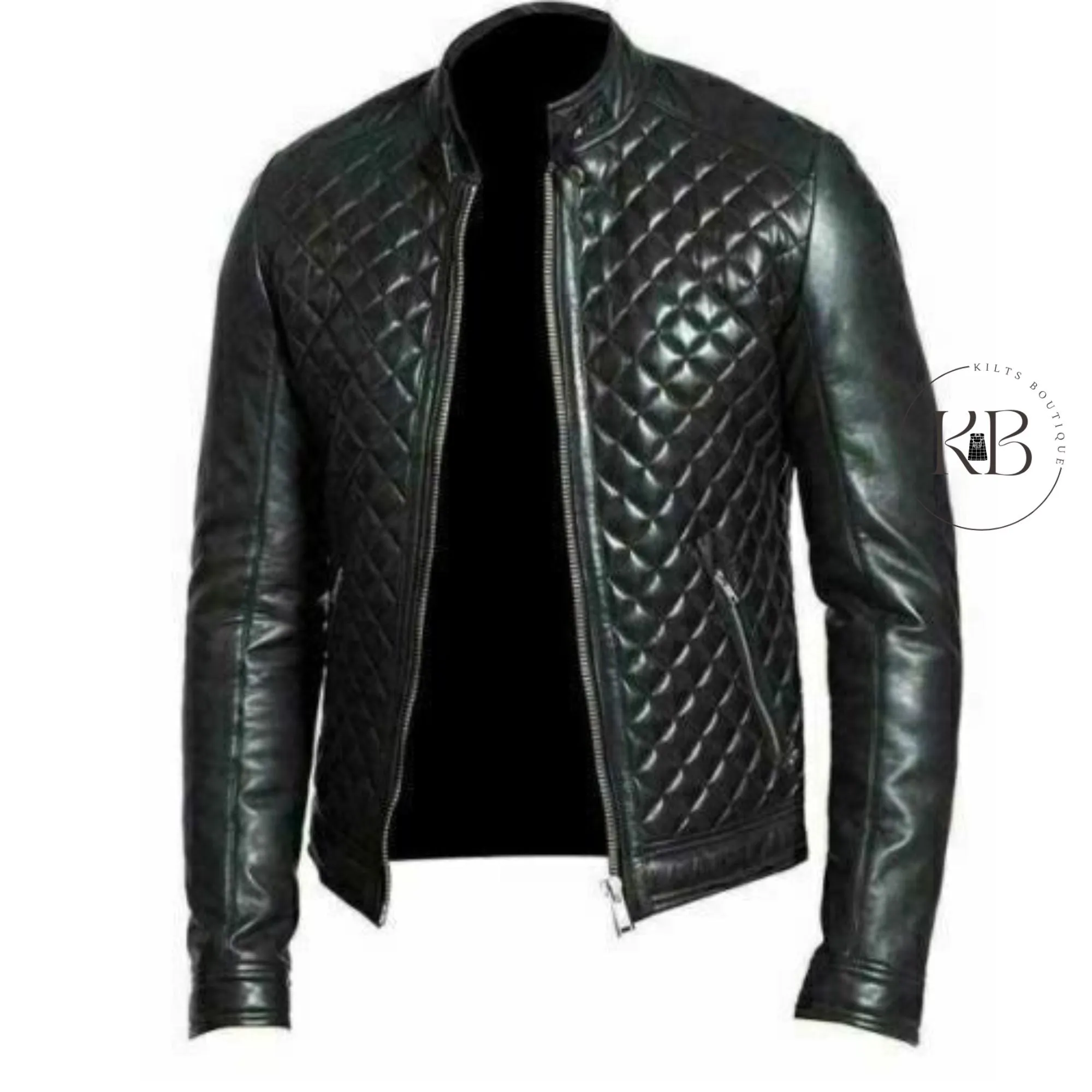 MEN'S BLACK REAL LEATHER RACER NECK QUILTED BIKER JACKET FOR MEN