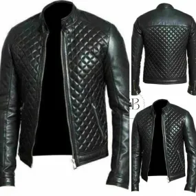 MEN'S BLACK REAL LEATHER RACER NECK QUILTED BIKER JACKET FOR MEN