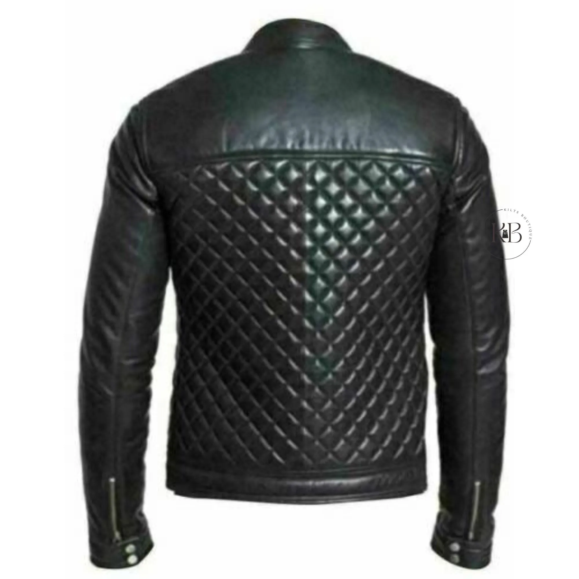 MEN'S BLACK REAL LEATHER RACER NECK QUILTED BIKER JACKET FOR MEN