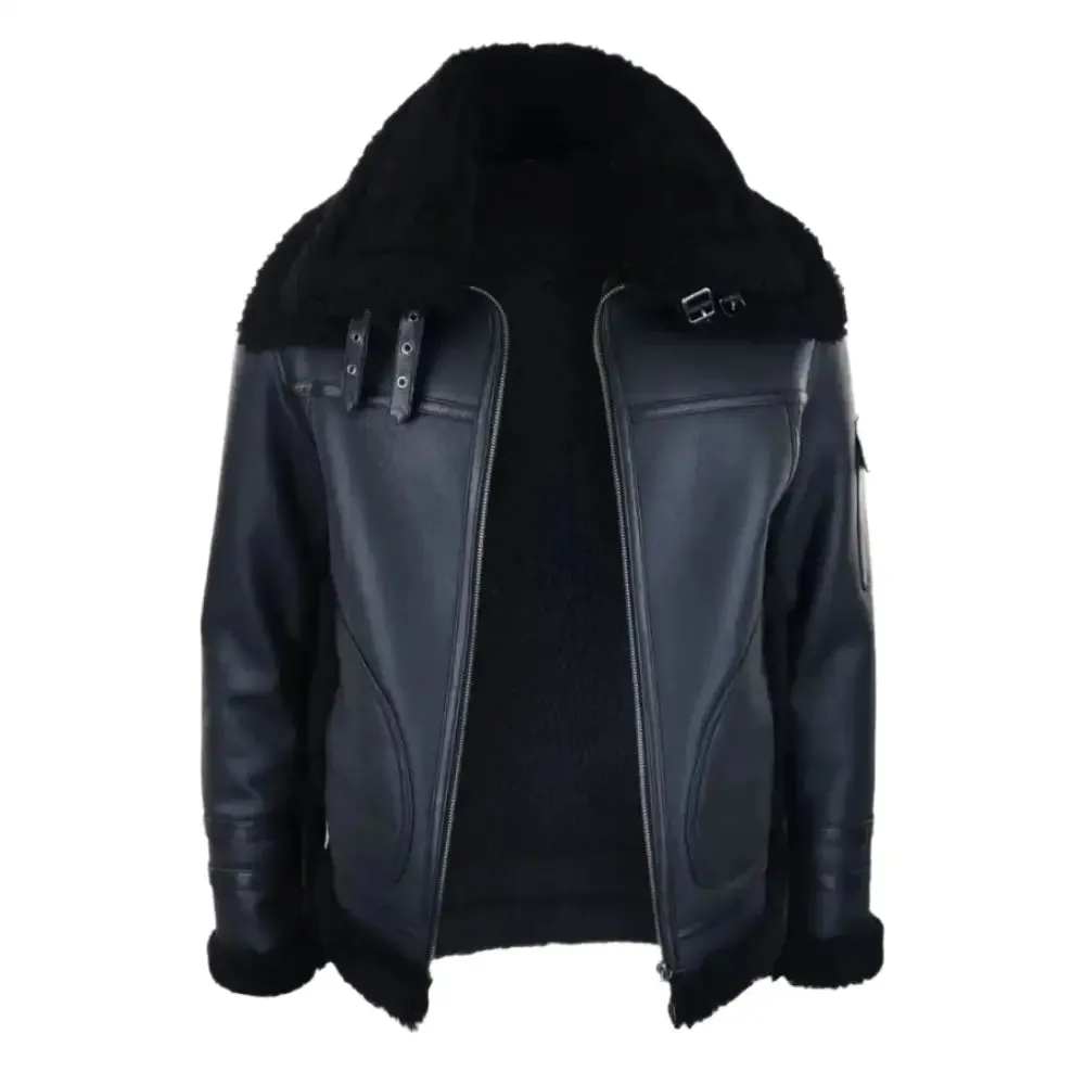 Men's Black Shearling Sheepskin Zipped Flying Jacket - Warm & Stylish