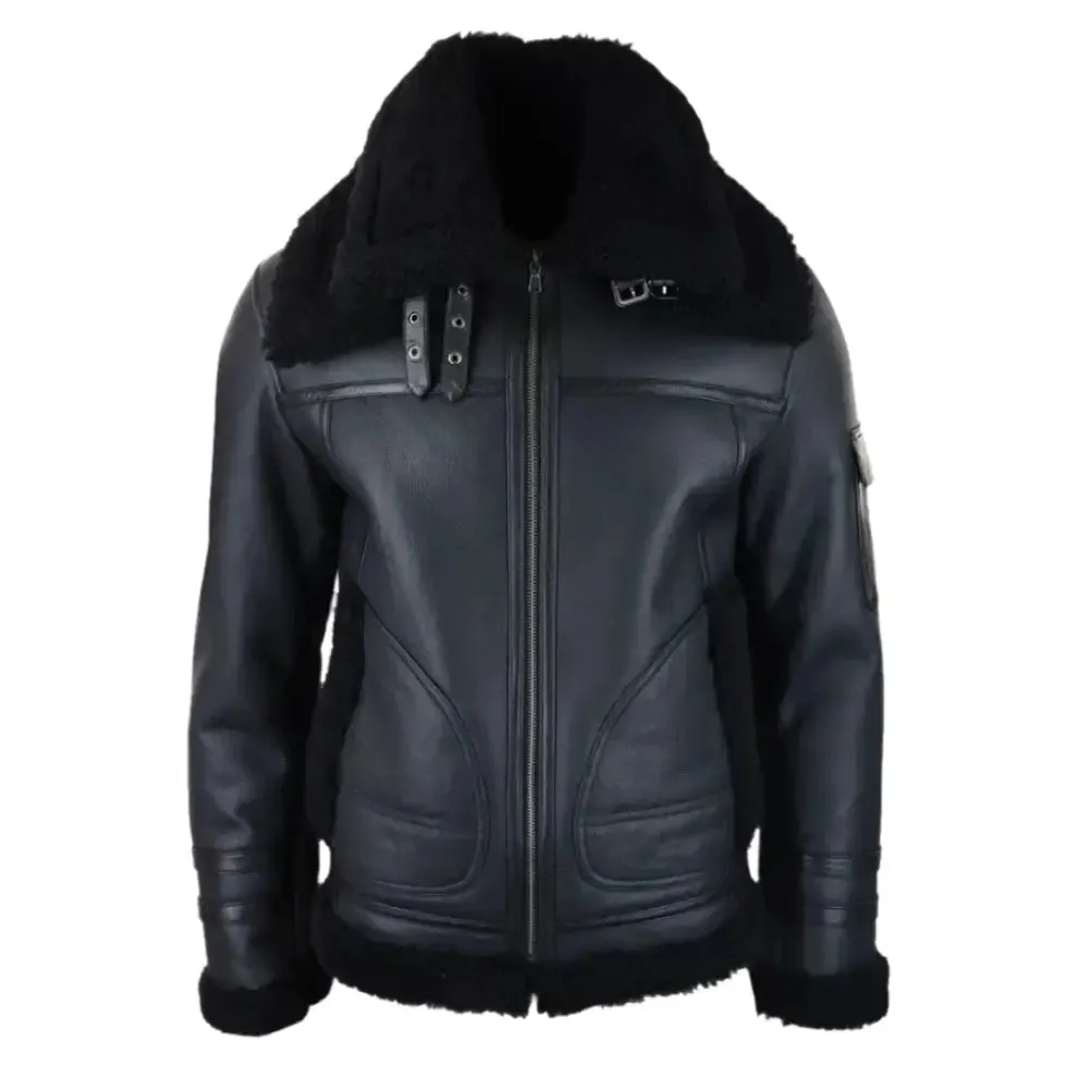 Men's Black Shearling Sheepskin Zipped Flying Jacket - Warm & Stylish
