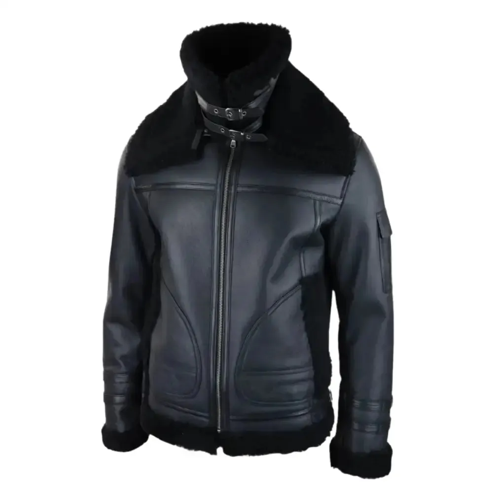 Men's Black Shearling Sheepskin Zipped Flying Jacket - Warm & Stylish