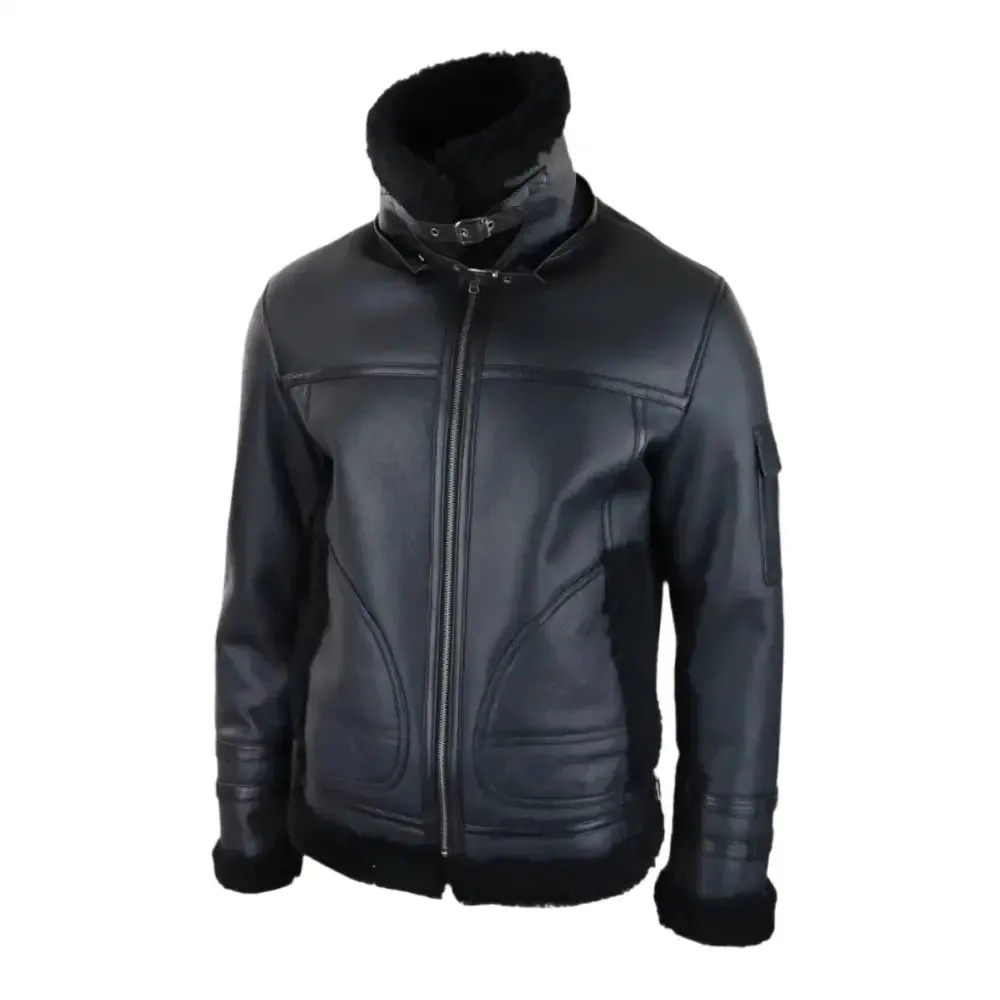 Men's Black Shearling Sheepskin Zipped Flying Jacket - Warm & Stylish