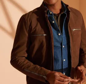 Men's Brown Racer Nubuck Leather Jacket