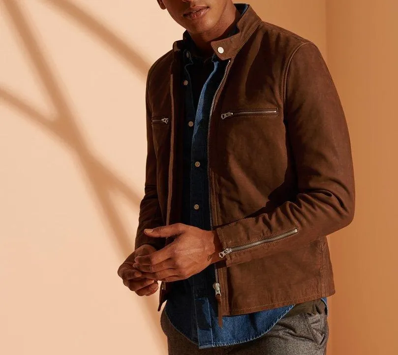 Men's Brown Racer Nubuck Leather Jacket