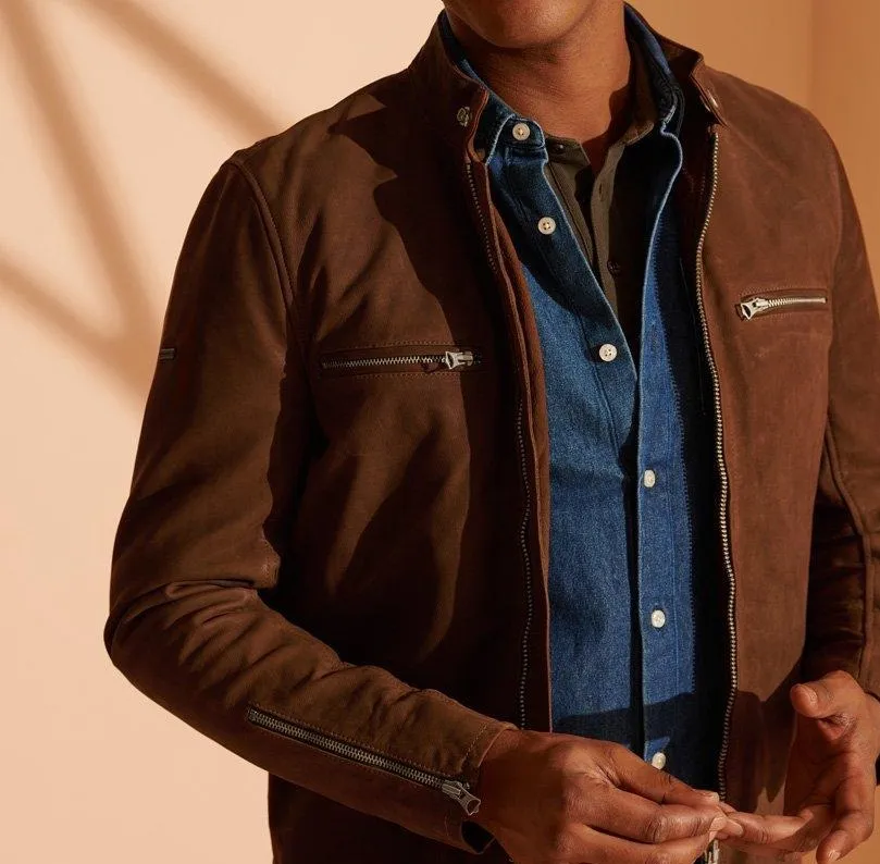 Men's Brown Racer Nubuck Leather Jacket