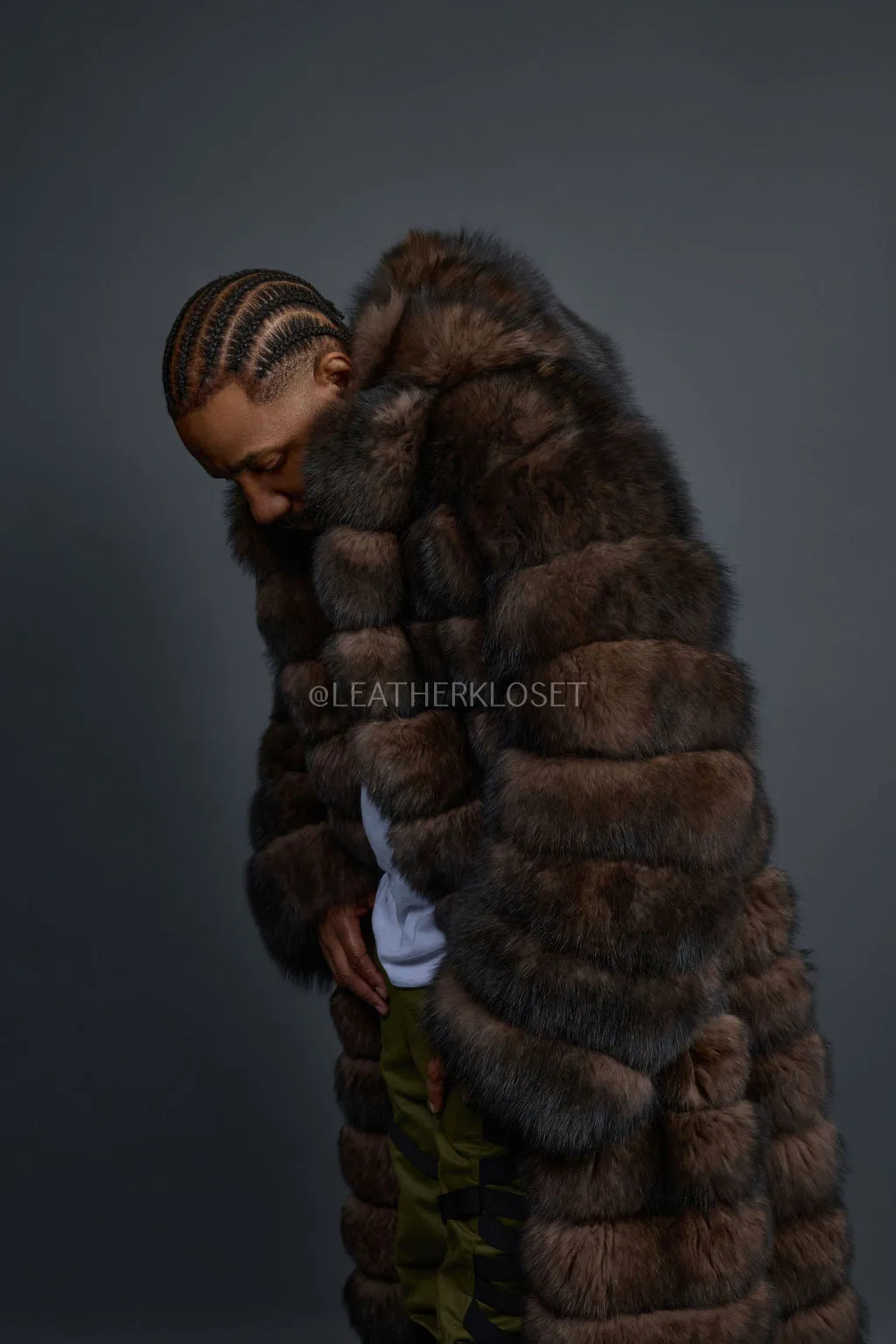 Men's Fox Fur Long Trench Coat [Brown]