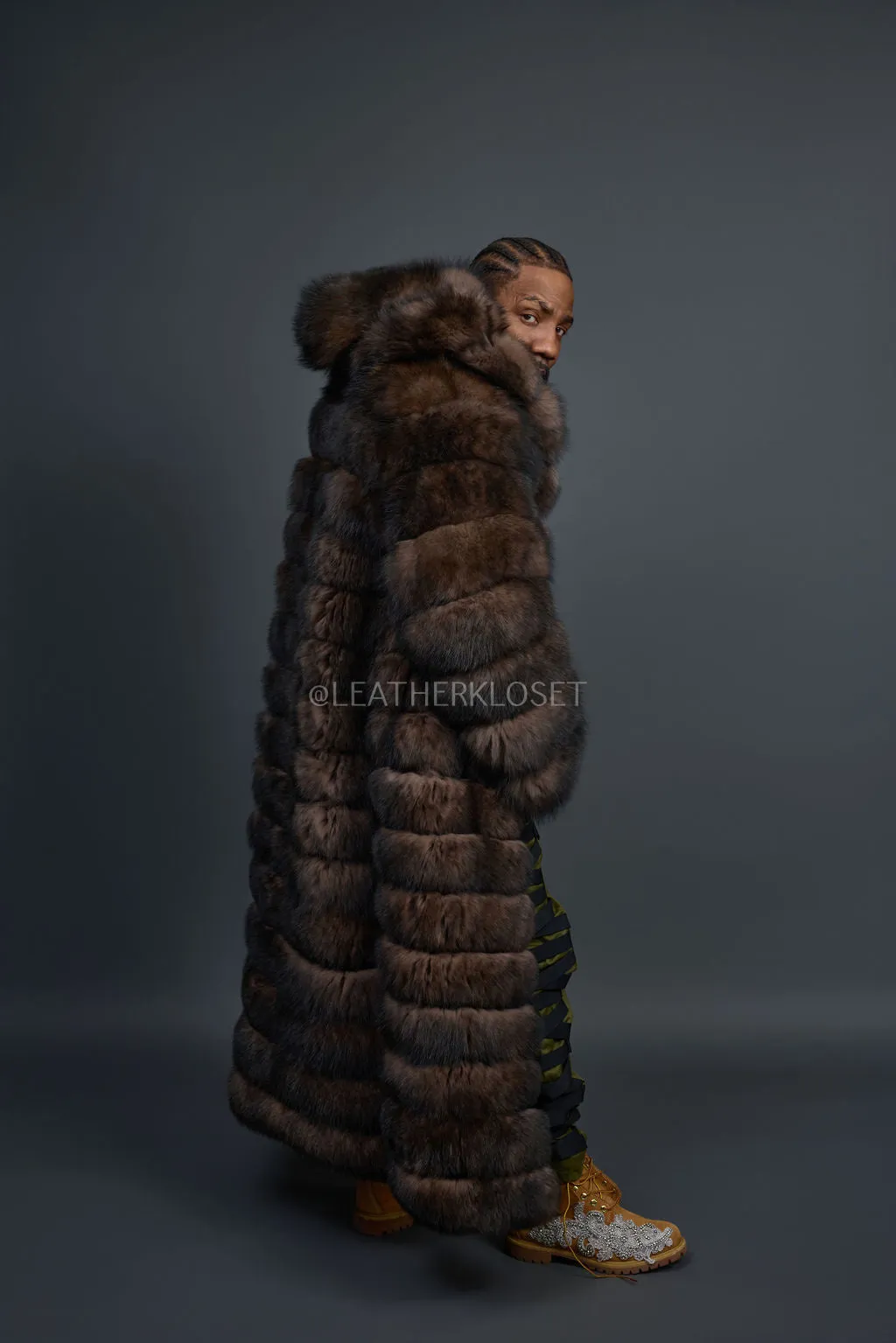 Men's Fox Fur Long Trench Coat [Brown]