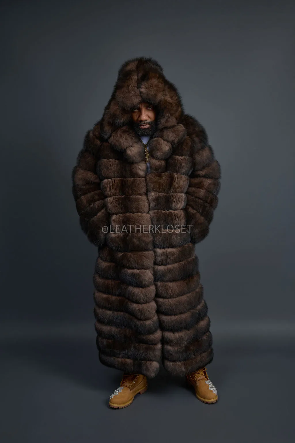 Men's Fox Fur Long Trench Coat [Brown]