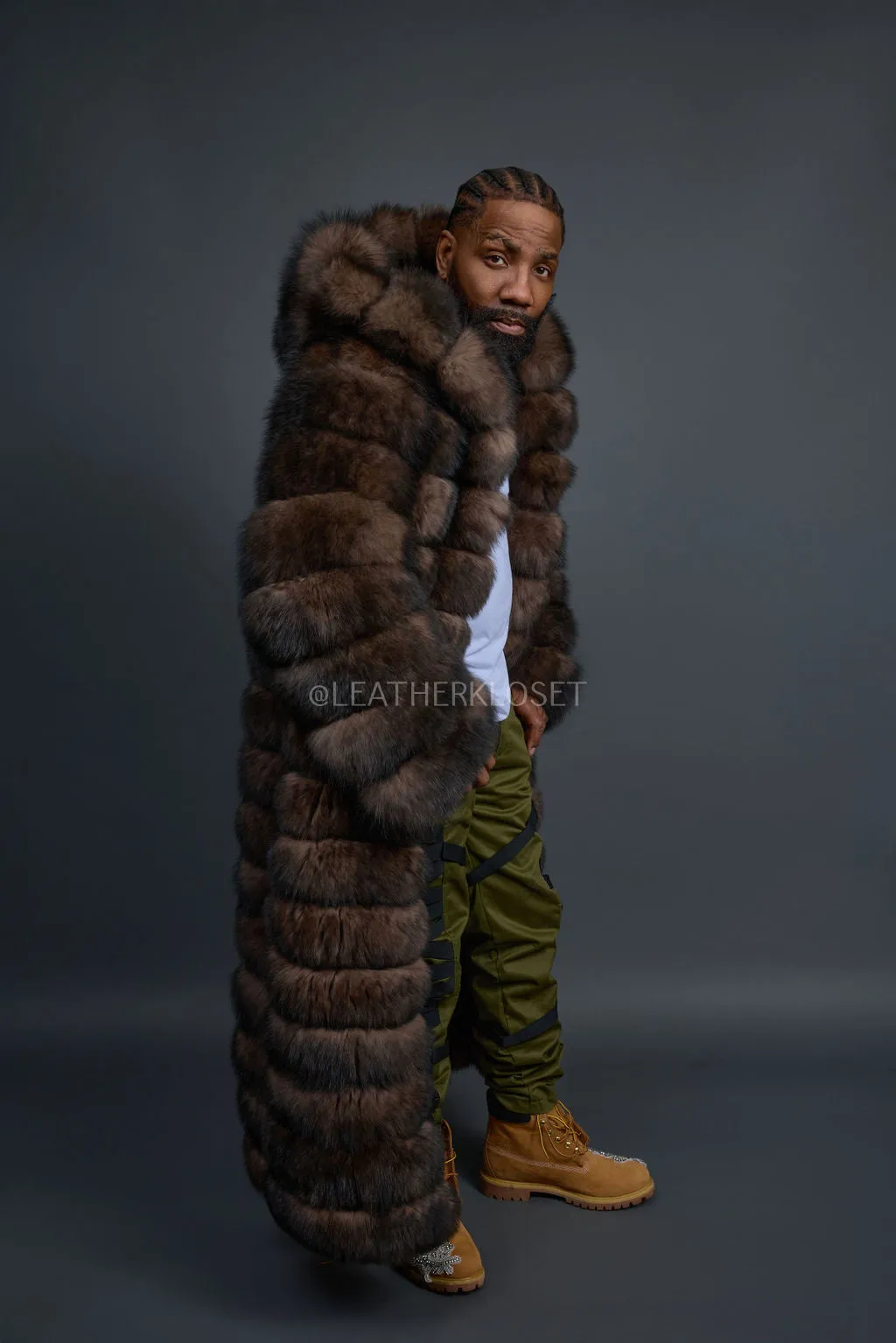 Men's Fox Fur Long Trench Coat [Brown]