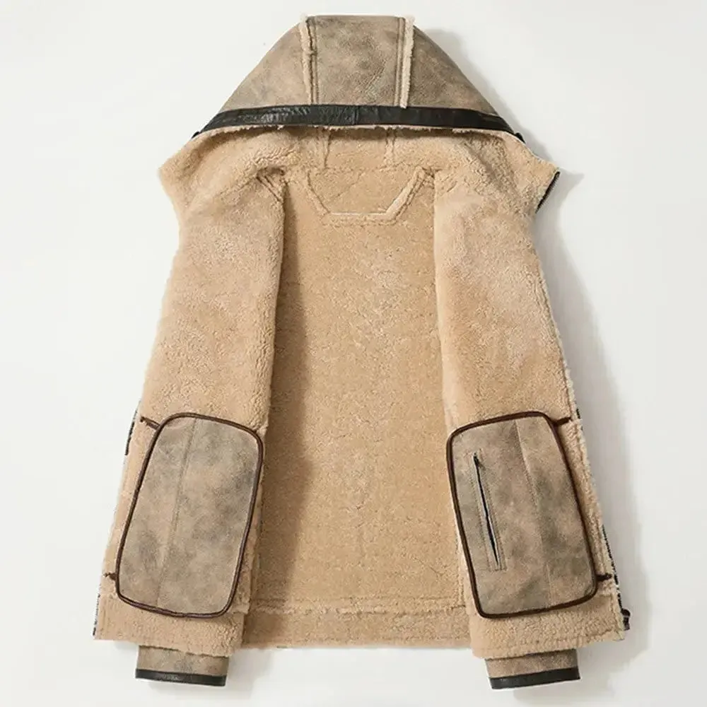 Men's Hooded Casual Sheepskin Shearling Fur Jacket