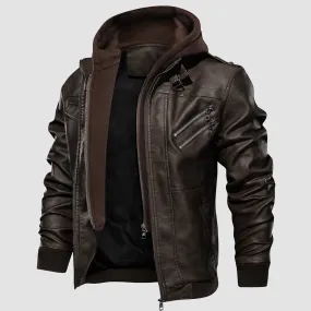 Men's PU Bomber Jacket Faux Leather Motorcycle Jaketc with  Removable Hood