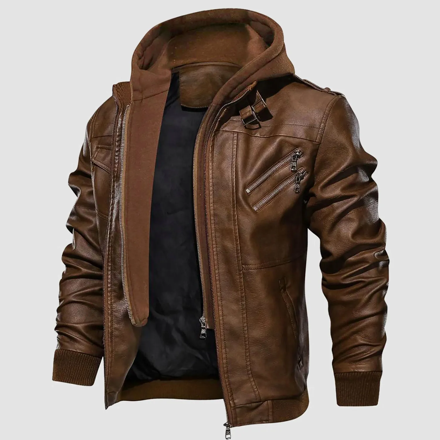 Men's PU Bomber Jacket Faux Leather Motorcycle Jaketc with  Removable Hood