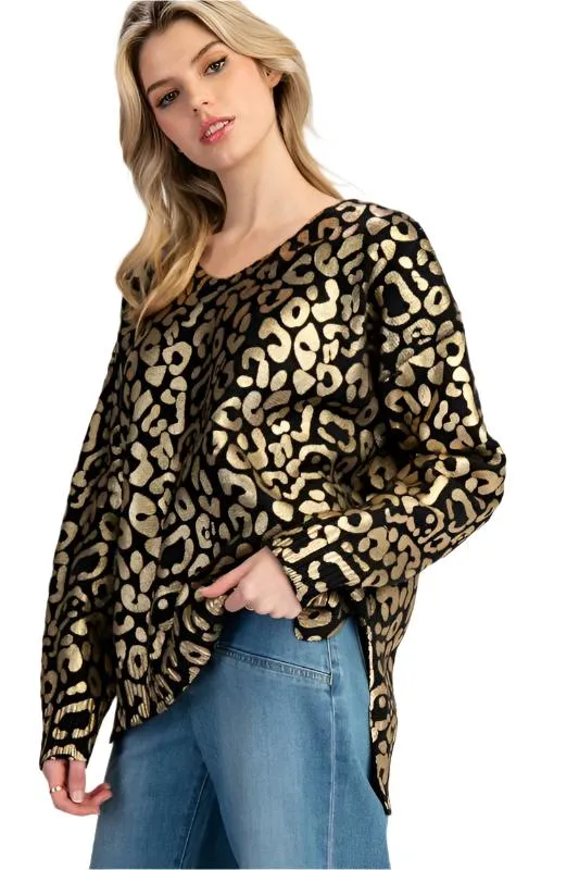 Metallic Animal Print V Neck Sweater